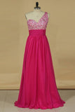 2022 Prom Dress One Shoulder Beaded Tulle Bodice Ruffled Waistline With Shirred PTAS11K9
