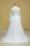 2024 Plus Size Long Sleeves Wedding Dresses Scoop A Line Tulle & Lace Sweep PYSHH12B