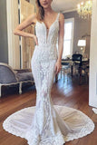 Luxurious Mermaid Lace Ivory V Neck Wedding Dresses, Backless Straps Wedding Dresses STG15522