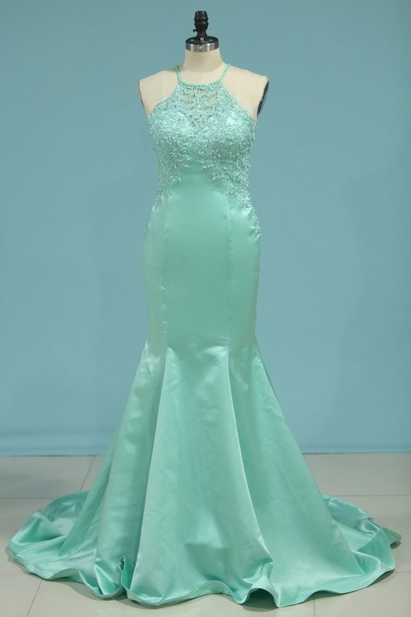 2022 New Arrival Open Back Prom Dresses Mermaid Satin With Beads P72GY1C8