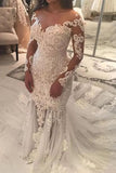 Long Sleeve Sparkly Mermaid V Neck Beads Wedding Dresses With Applique STG15249