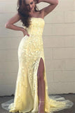 Yellow Mermaid Strapless Lace Appliques Prom Dresses with Slit, Evening STG20475