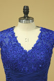 2024 Hot V Neck Mother Of The Bride Dresses Dark Royal Blue Sweep Train With Ruffle Cap P2FADJGP
