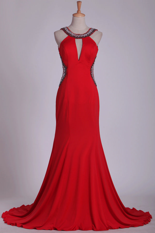 2022 Prom Dresses Sheath Scoop Spandex With Beading Open Back PZ3JZ6SA