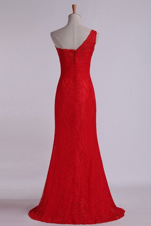 2022 Prom Dresses One-Shoulder Sheath Beaded Lace Floor-Length Zipper PFD6TLMA