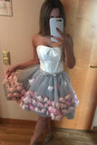 Cute Gray Strapless Tulle Homecoming Dresses with Flowers Short Sweet 16 Dresses STG14971