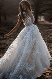 A Line Ivory V Neck Country Wedding Dresses with Appliques, Beach Wedding Gowns STG15548