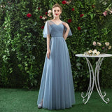 A Line V Neck Tulle Blue Cheap Prom Dress, Long Floor Length Bridesmaid Dresses STG15044