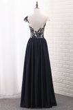 2024 Satin A Line Scoop Cap Sleeve Prom Dresses With PDAS82CC