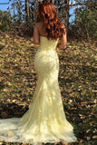 Yellow Mermaid Strapless Lace Appliques Prom Dresses with Slit, Evening STG20475