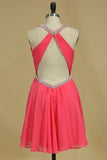 2024 Halter A Line Short/Mini Homecoming Dresses Chiffon With Beads P37H1GQ2
