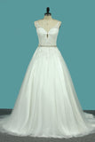 2024 Spaghetti Straps Tulle Wedding Dresses With Applique And Sash Court PZ3GD2E4