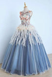 Princess Ball Gown Appliques Blue Tulle Prom Dresses, Sweet 16 Dress, Quinceanera Dress STG15289