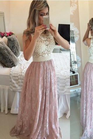 Pink Prom Gowns Lace Evening Dresses Beading Long Beautiful Pink Formal Dress