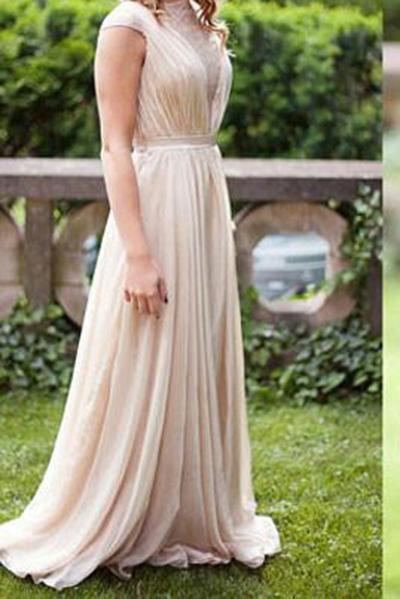 A-line Chiffon Long Simple High Neck Prom Dresses Floor-length Ruched with Cap Sleeves