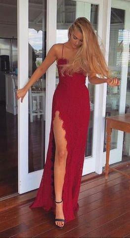 2022 A-Line Red Long Sheath Lace Spaghetti Straps Split Front Sweetheart Prom Dresses
