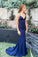 Simple Navy Blue Mermaid Spaghetti Straps Evening Dresses V Neck Long Prom Dresses