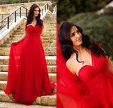 Long Elegant Chiffon A-Line One Shoulder Simple Red Sweetheart Backless Pleat Prom Dresses