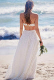 A-Line White Sweetheart Strapless Lace Long Beach Open Back Wedding Dresses