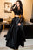 Two Piece Scoop A-Line Bateau Long Sleeves Black Floor Length Prom Dresses with Lace