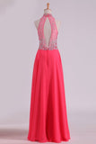 2024 High Neck Prom Dresses A Line Chiffon With Beading Sweep PX3R8DYR