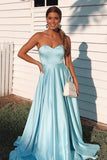 Simple A Line Sky Blue Sweetheart Satin Prom Dresses, Cheap Formal STG20442