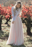 Two Pieces Long Sleeves Lace Appliques Blush Pink Wedding Dresses, Beach Wedding Dress STG15538