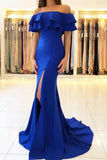 Elegant Off the Shoulder Royal Blue Mermaid Ruffle Sleeve Satin Long Prom Dresses STG15190