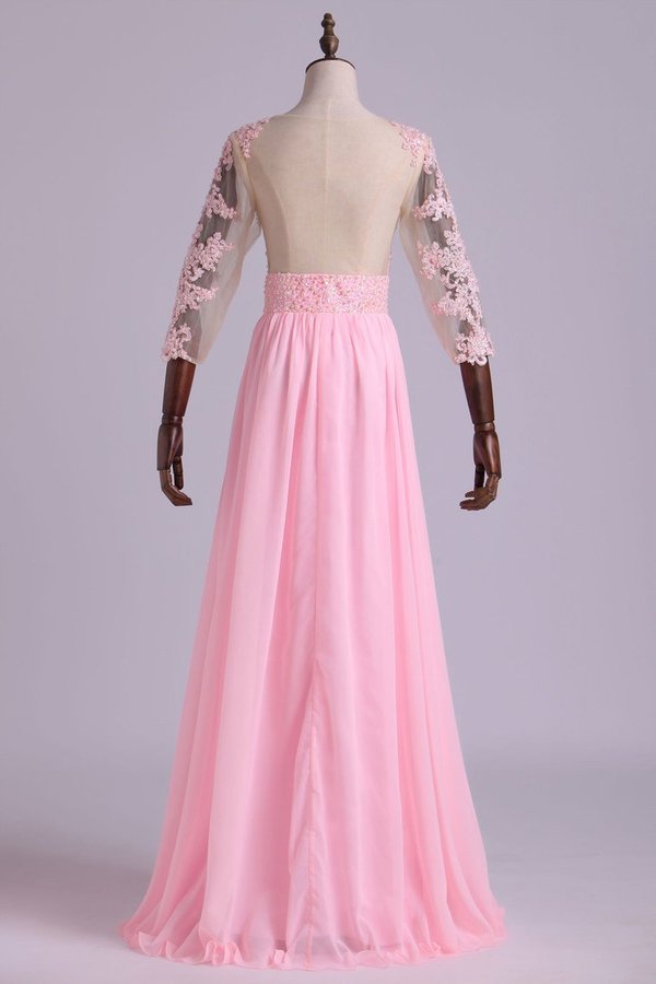 2022 Mid-Length Sleeve A-Line Scoop Chiffon Prom Dresses Floor-Length With Applique & PN9R76LN