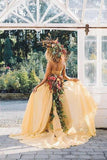 Chic Two Pieces Yellow Long Country Wedding Dresses With Lace, Cheap Prom Dresses STG15508