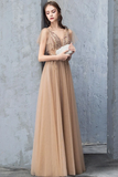 A Line V Neck Short Sleeves Long Tulle Prom Dress Evening Dresses With STGP7MZF43L