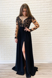 Long Sleeves Black Formal Dress High Slit Sexy Chiffon Long Prom Dress STGPGNANEC5