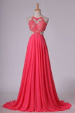 2024 Sexy Open Back Halter A Line Prom Dresses Chiffon With Applique P2P29BYN