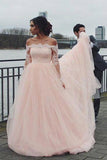 Off The Shoulder Long Sleeves A-Line Wedding Dresses Tulle Bridal STGP2K63XZ9
