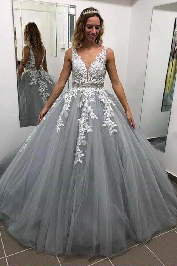 2022 Prom Dress Tulle A-Line V-Neck Sweep Train PFCAGNB2