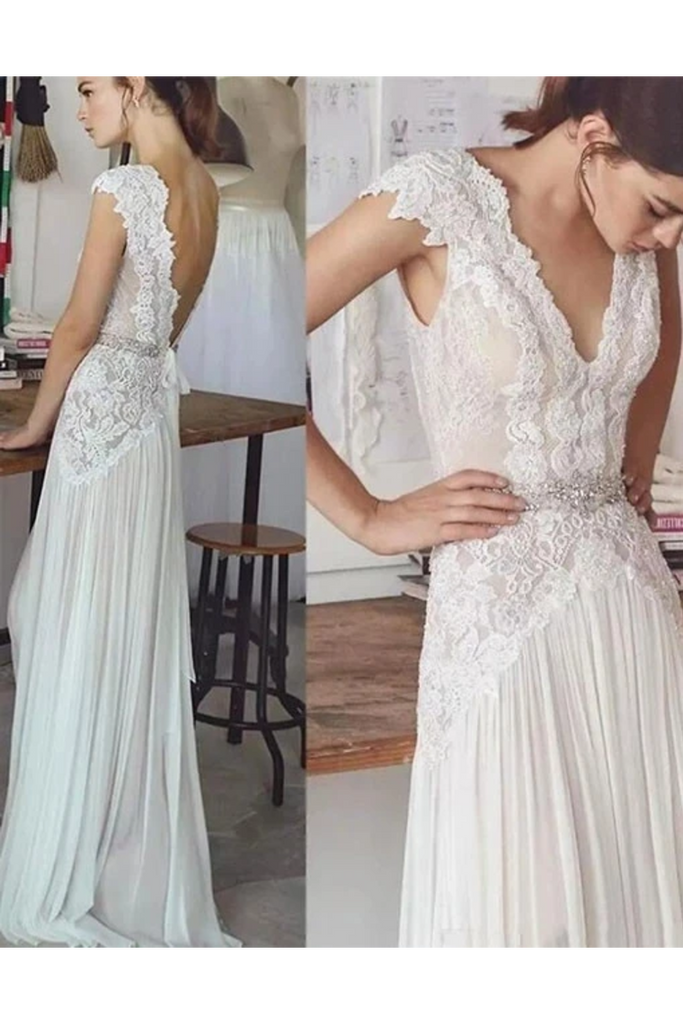 Unique V Neck Cap Sleeves Chiffon Beach Wedding Dress With Beading STGPGG9HAF7