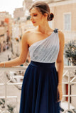 Flowy One Shoulder Navy Blue Tulle Long Prom Dresses, Cheap Formal Dresses STG15232