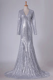 2024 Long Sleeves V Neck Sequins Prom Dresses Sweep P55EXLRM