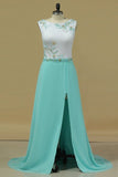 2024 A Line Scoop Prom Dresses With Beads And Slit Sweep Train PZQ3LZGX