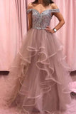 Elegant Rhinestones Layered Off the Shoulder Prom Dresses, Rose Pink Tulle Party Dresses STG15196