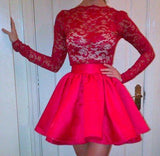 High Neckline Long Sleeves Red Lace Top Short Prom Dresses, Homecoming Dresses STG15237