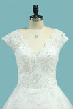 2024 A Line V Neck Wedding Dresses Tulle With Applique And Beads PEG67FLZ