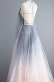 Simple Deep V Neck Ombre Tulle Halter Sleeveless Prom Dresses Backless Formal Dresses STG15391