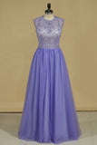 2024 Scoop A Line Prom Dresses Tulle With Beading Open PXXYN3YD