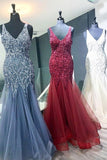 Elegant Mermaid V Neck Straps Tulle Long Prom Dresses Cheap Evening Dresses STG14975