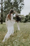 A Line Long Sleeves Deep V Neck Lace Backless Wedding Dresses Long Bridal STGPBASH993
