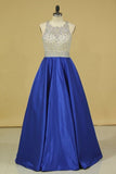2024 Royal Blue Scoop Open Back Beaded Bodice A Line Prom Dresses Satin & Tulle PNTPD6G1
