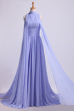 High Neck Prom Dresses Pleated Bodice A-Line Chiffon Sweep STGPQS3MK7G