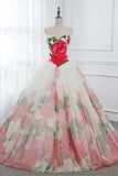 Ball Gown Floral Satin Long Tulle Evening Dresses with Lace up, Sweetheart Red Prom Dresses STG15057