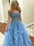 Blue Off the Shoulder Two Pieces Tulle Beads Prom Dresses with Lace Appliques STG15500